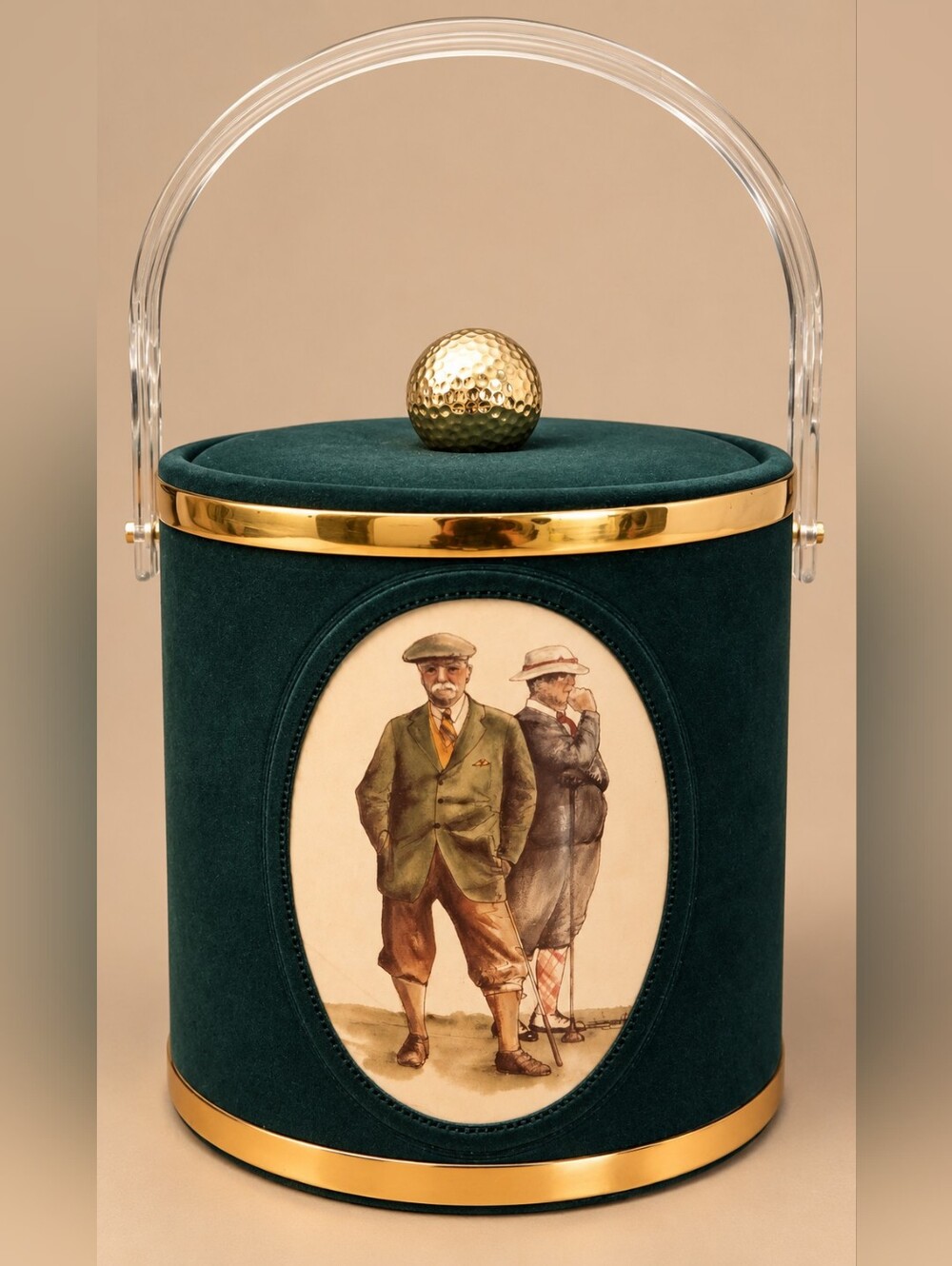 Vintage MCM Golf Ice Bucket Green Velvet Gold Lucite Handle Made in USA